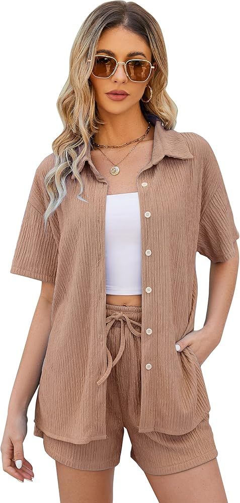 PEHMEA Women 2 Piece Outfits Lounge Sets Short Sleeve Button Down Shirt Drawstring Summer Shorts ... | Amazon (US)