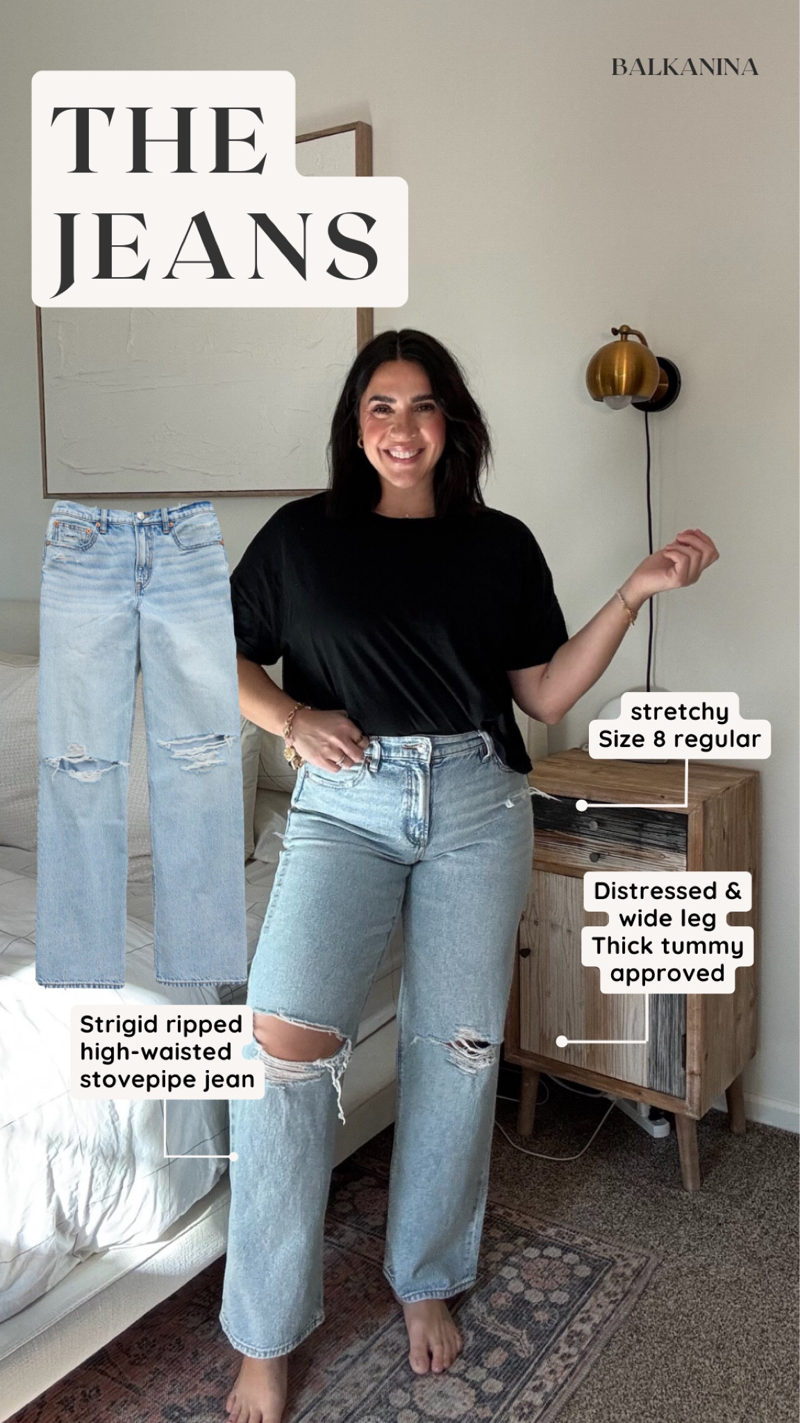 AE Strigid ripped high-waisted stovepipe jean 
Slimming, stretchy, I'd give these an 7/10, wish they were a little longer not tall girl friendly! 
Perfect spring jeans 
I'm in a size 8, and 5 4' 

Sale denim, spring denim, midsize jeans, mom jeans, thick tummy approved jeans