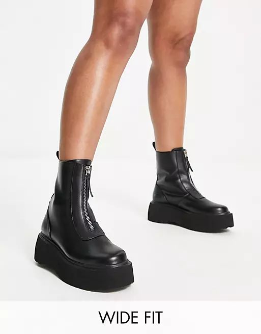 ASOS DESIGN Wide Fit Amsterdam chunky zip front ankle boots in black | ASOS (Global)
