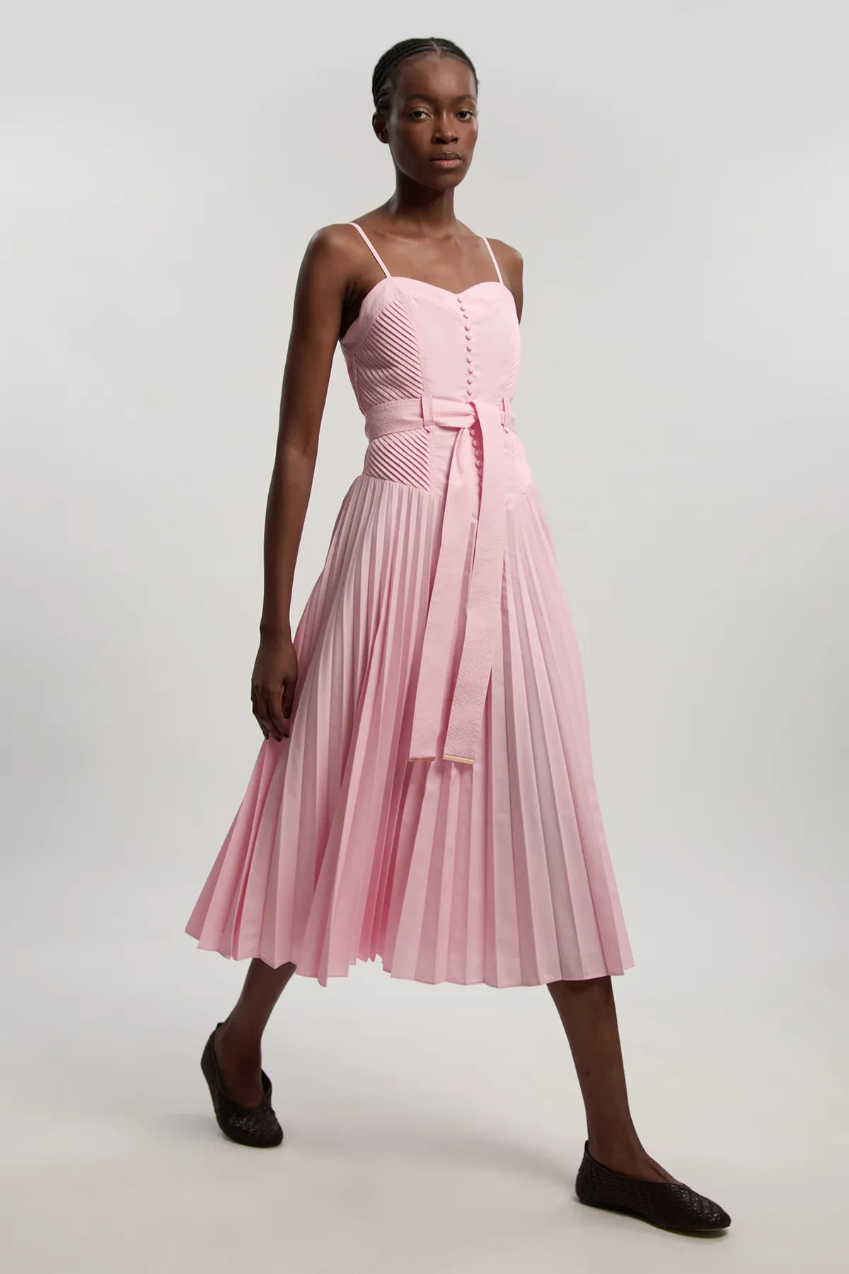 Light Pink Cotton Top Stitch Dropped Waist Woven Strappy Midi Dress | Karen Millen | Karen Millen