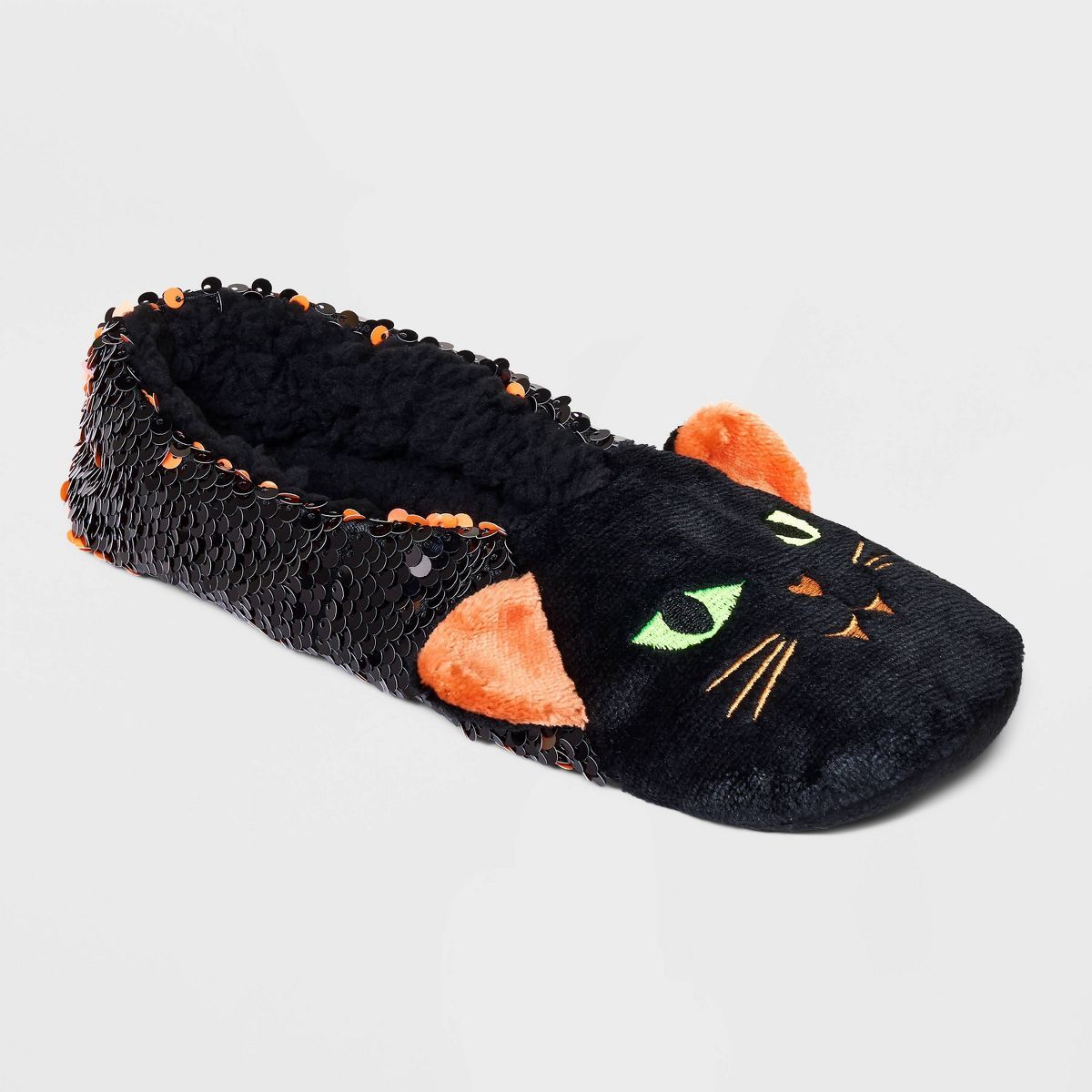Women's Black Cat Flip Sequin Pull-On Slipper Socks with Grippers - Hyde & EEK! Boutique™ Black... | Target