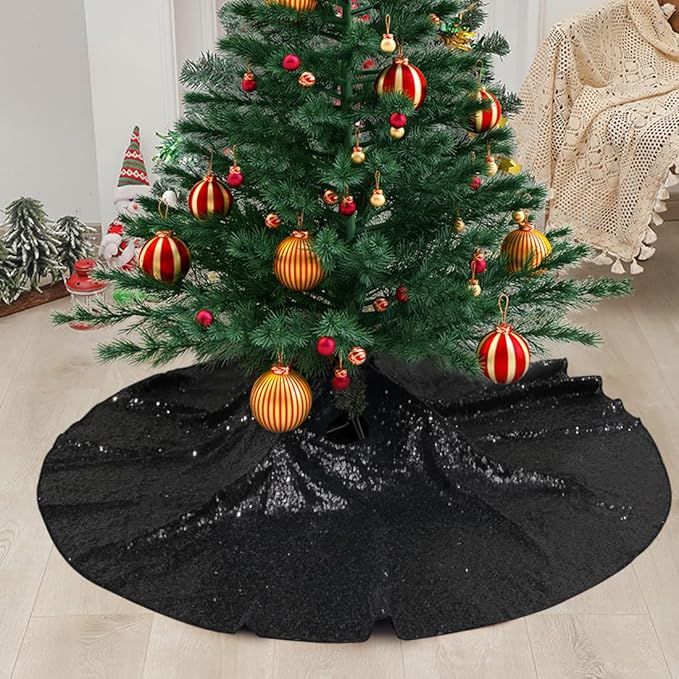 SquarePie Christmas Tree Skirt Sequin Glitter Halloween Decoration 50-Inch Black | Amazon (US)