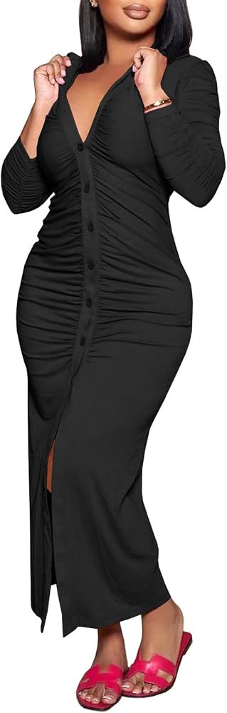 Yuopeid Women's Long Sleeve Lapel V Neck Button Solid Color Long Dress Fashion Ruched Bodycon For... | Amazon (US)