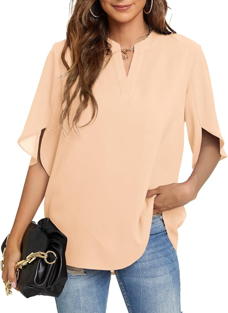 Funlingo Women's Summer Tops Short Sleeve Casual Shirts V Neck Chiffon Dressy Blouse Tops | Amazon (US)