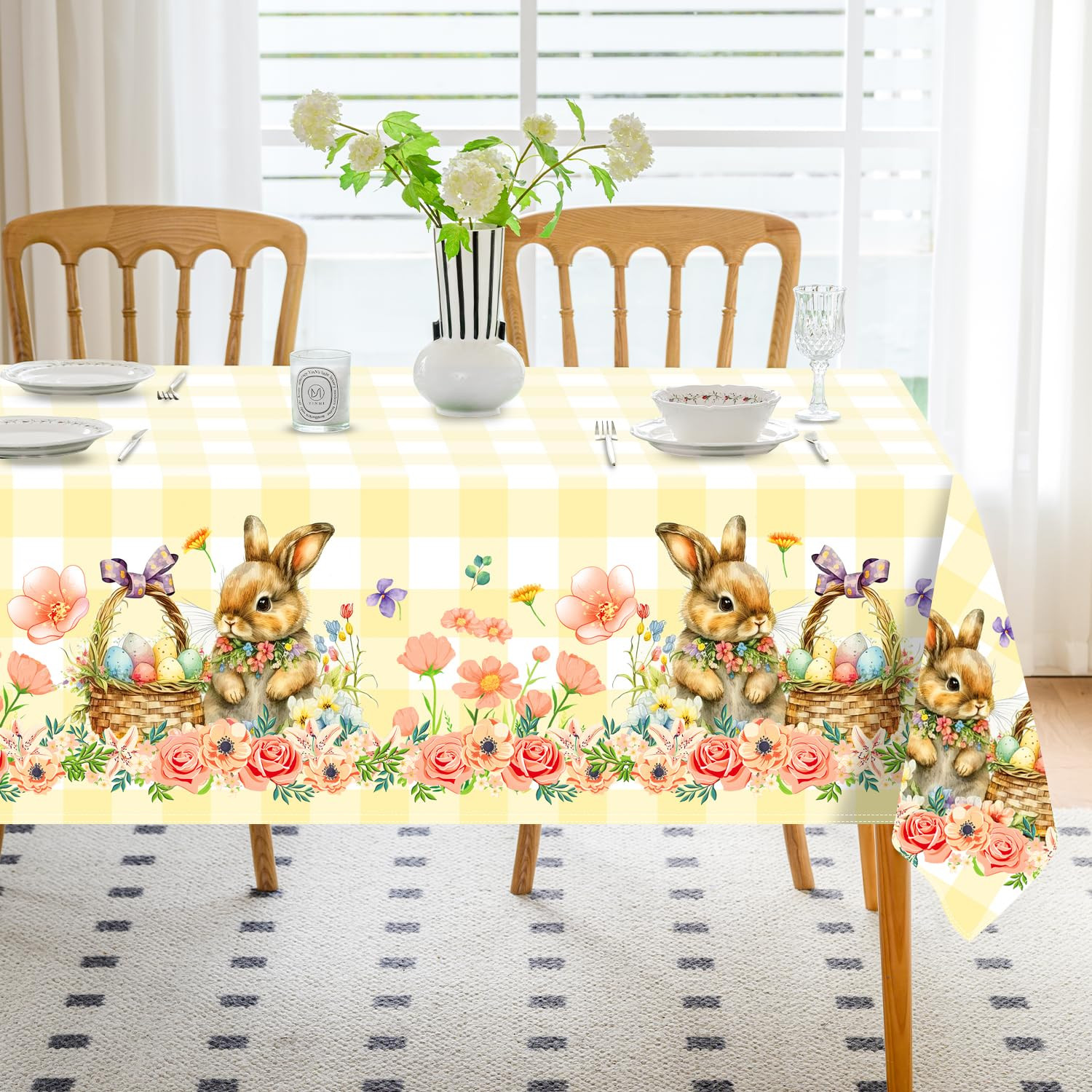 Romanstile Spring Easter Tablecloth Rectangle, Flower Bunny & Eggs Buffalo Plaid Decorative Table... | Amazon (US)