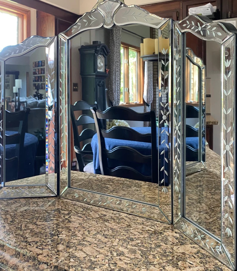 Ornate Victorian Venetain Mirror Trifold Etched Beveled Wall Table Vanity Makeup | Etsy (US)