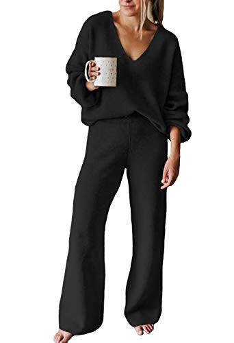 Viottiset Women's 2 Piece Outfits Casual V Neck Knit Wide Leg Sweater Lounge Set Sweatsuit Black Medium | Amazon (US)