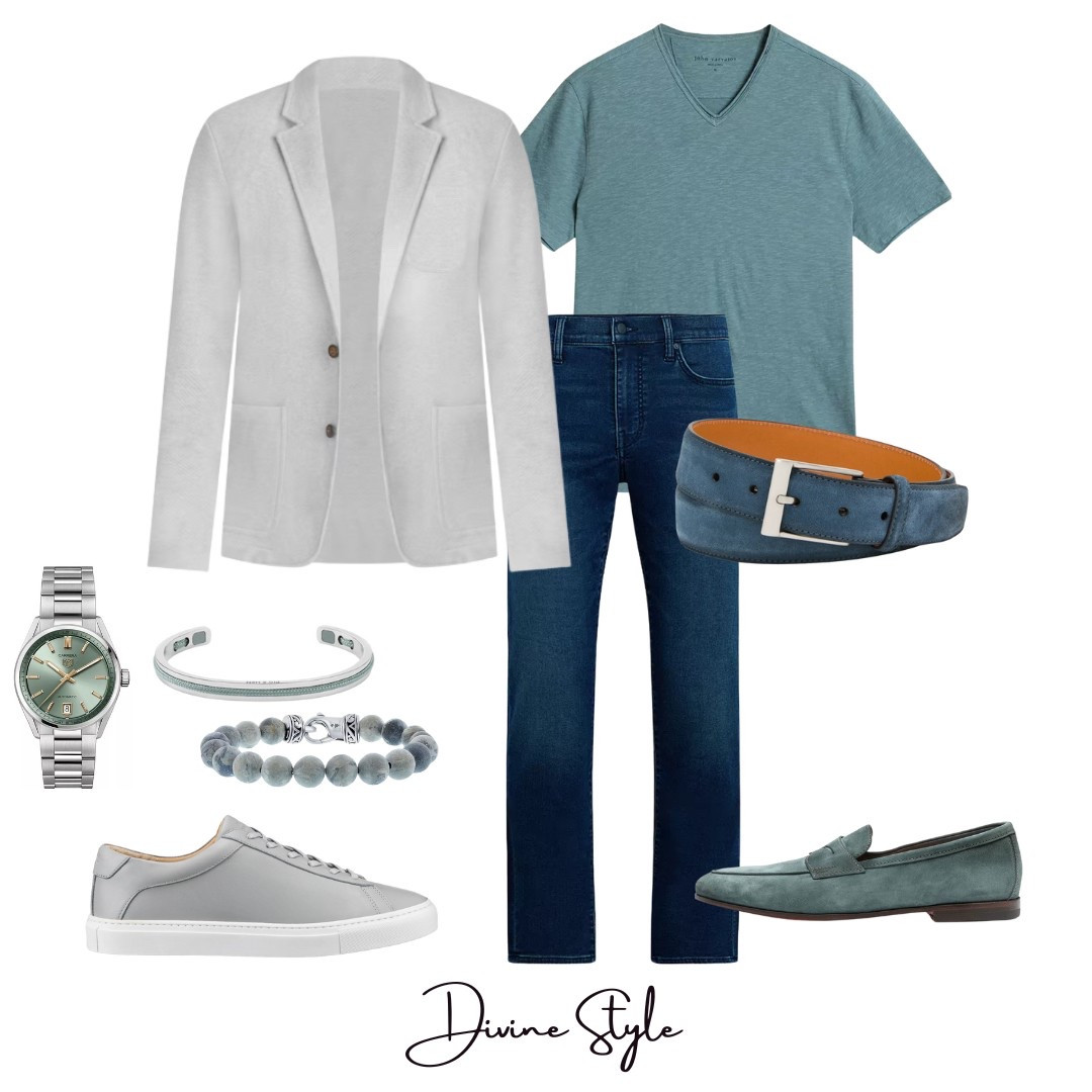 Men’s smart, casual outfit with a spring color blazer and colored polished t-shirt paired with jeans.

#LTKWorkwear #LTKShoeCrush #LTKMens