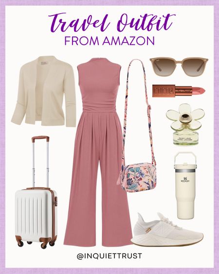 Travel in comfort and style with this travel outfit from Amazon: a pink jumpsuit, white cardigan, floral shoulder puffer bag, comfy neutral sneakers, and more! Don't forget to bring along this lightweight minimalist trolley and the trending Stanley tumbler!
#comfyclothes #outfitidea #vacationwear #summerfashion

#LTKItBag #LTKShoeCrush #LTKStyleTip