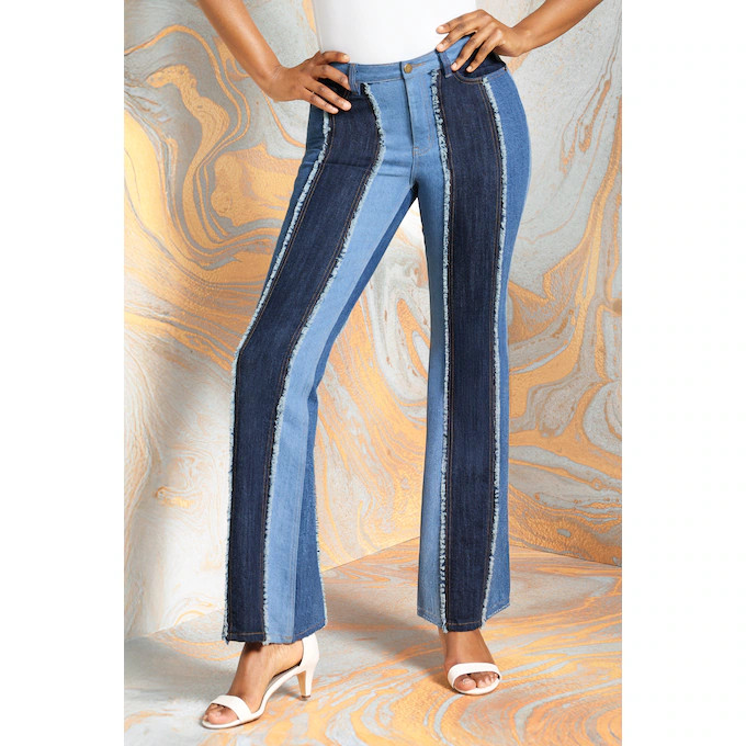 Pieces of Me Mixed-Wash Women\u2019s Flare-Leg Jean in Spliced Stretch Denim | Ashro