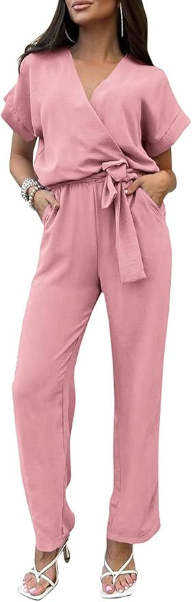 PRETTYGARDEN Women's 2023 Summer Jumpsuit Casual Short Sleeve Wrap V Neck Belted Wide Leg Pants R... | Amazon (US)