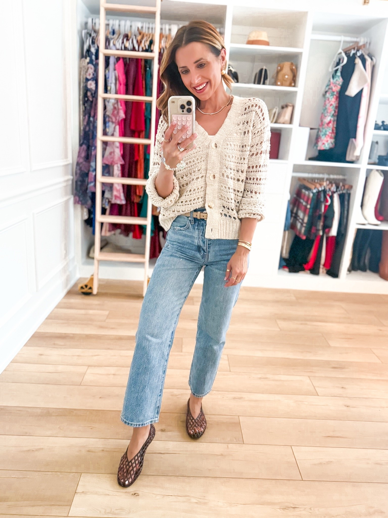 Summer outfit. Elevated casual. Mom outfit. Everyday outfit. Pistola straight leg crop jeans in size 24, color is care free. Target open stitch cardigan in XS. Jelly ballet flats are whole sizes only - I’m a 6.5 and did a 6 per reviews.

#LTKootd #LTKgrwm #LTKmomlife
