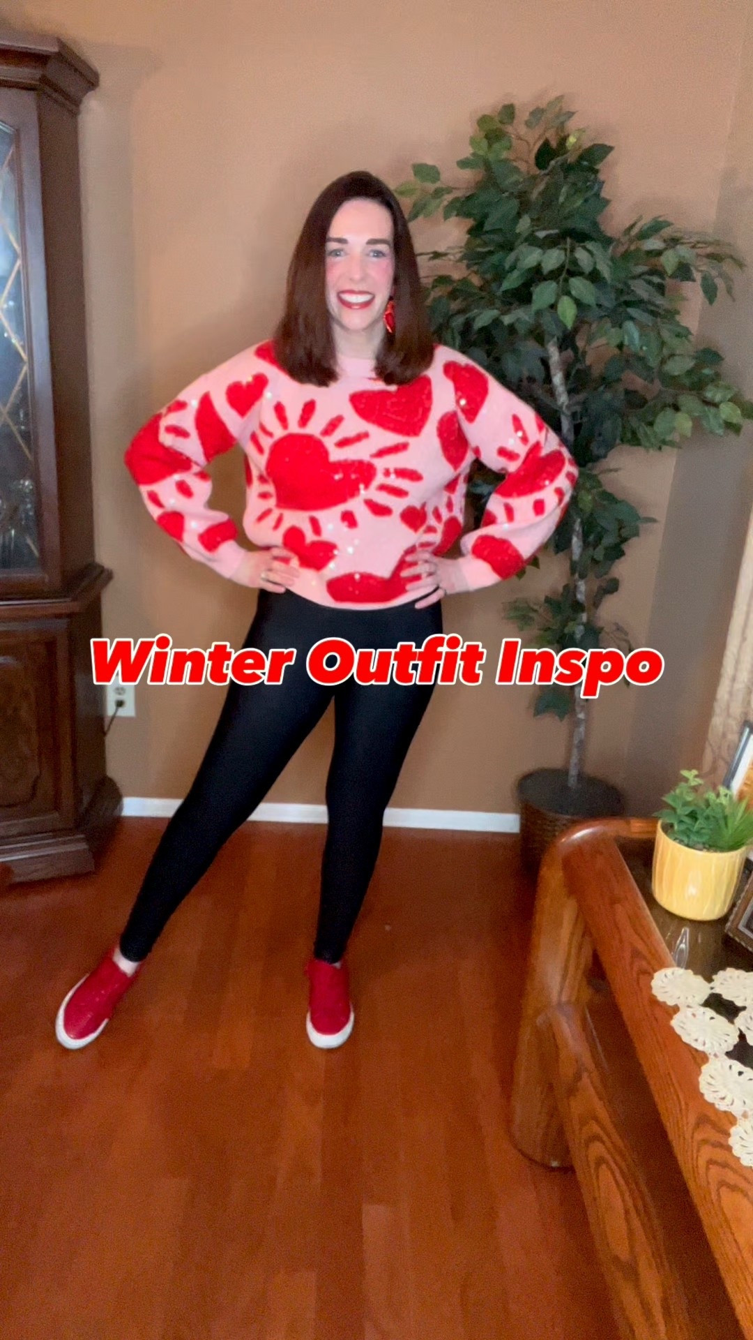 Red hearts sequin sweater (xs). Black faux leather leggings (s). Red sneakers (8.5). #sweater #sequinsweater #redsweater #heartssweater #leggings #blackleggings #fauxleatherleggings #sneakers #redsneakers #datenightoutfits #winteroutfit #earrings #beadedearrings
date night outfits @TJ Maxx @Spanx @Guess @Macys 

#LTKVideo #LTKSeasonal #LTKfindsunder100