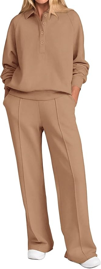 PRETTYGARDEN Women Fall 2 Piece Outfits Sweatsuits Quarter Button Long Sleeve Sweatshirt Wide Leg... | Amazon (US)