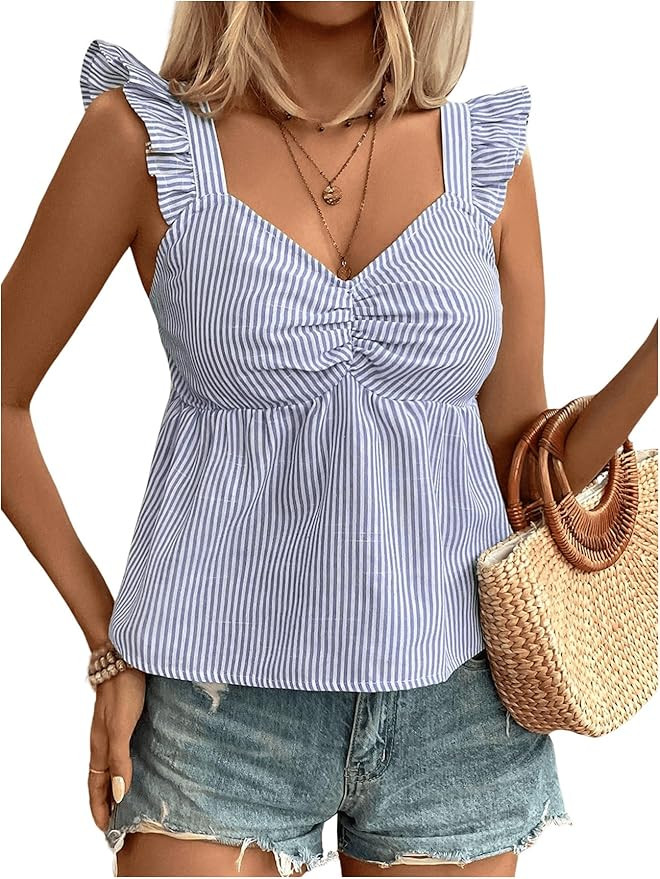 SweatyRocks Women's Striped Ruffle Tank Top V Neck Sleeveless Strap Peplum Tops | Amazon (US)