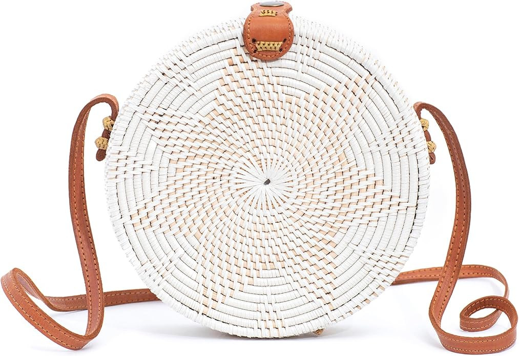 Novum Crafts Round Rattan Bag for Women - Handmade Straw Bags - Wicker Purse - Brown White Circle... | Amazon (US)