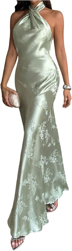 OYOANGLE Women's Floral Satin Maxi Dress Sleeveless Open Back Silky Fishtail Wedding Guest Dresse... | Amazon (US)