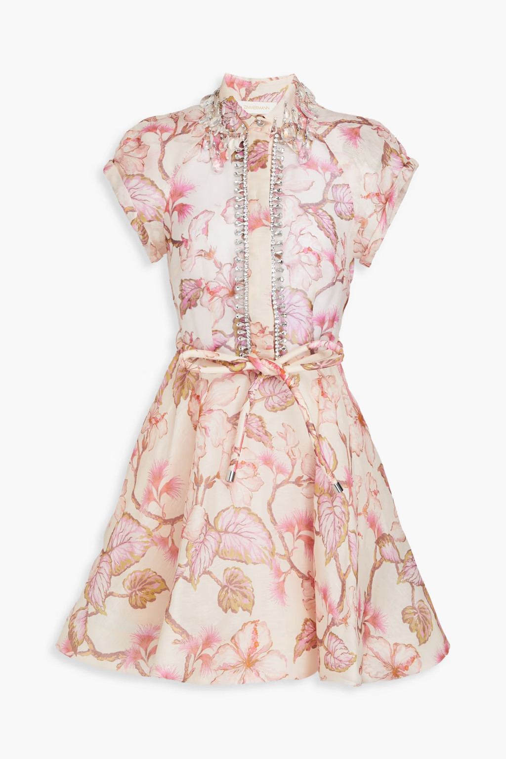Crystal-embellished floral-print linen and silk-blend gauze mini dress | The Outnet (UK and Europe)