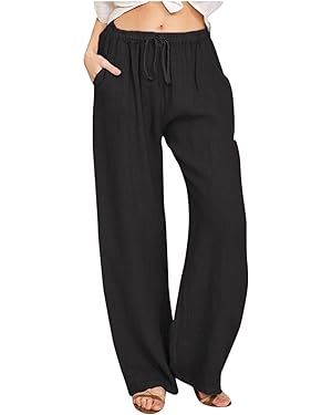 Women's Cotton Linen Pants Summer Wide Leg Casual Loose Drawstring High Waist Palazzo Pants Trous... | Amazon (US)