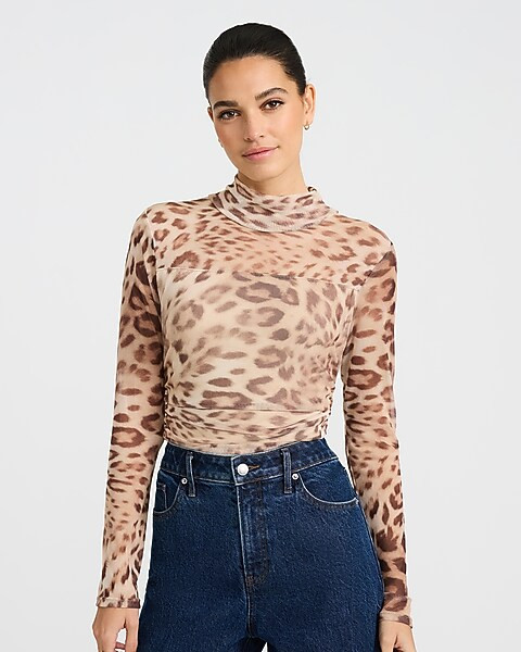 Ruched Mesh Leopard Print Mock Neck Long Sleeve Bodysuit | Express