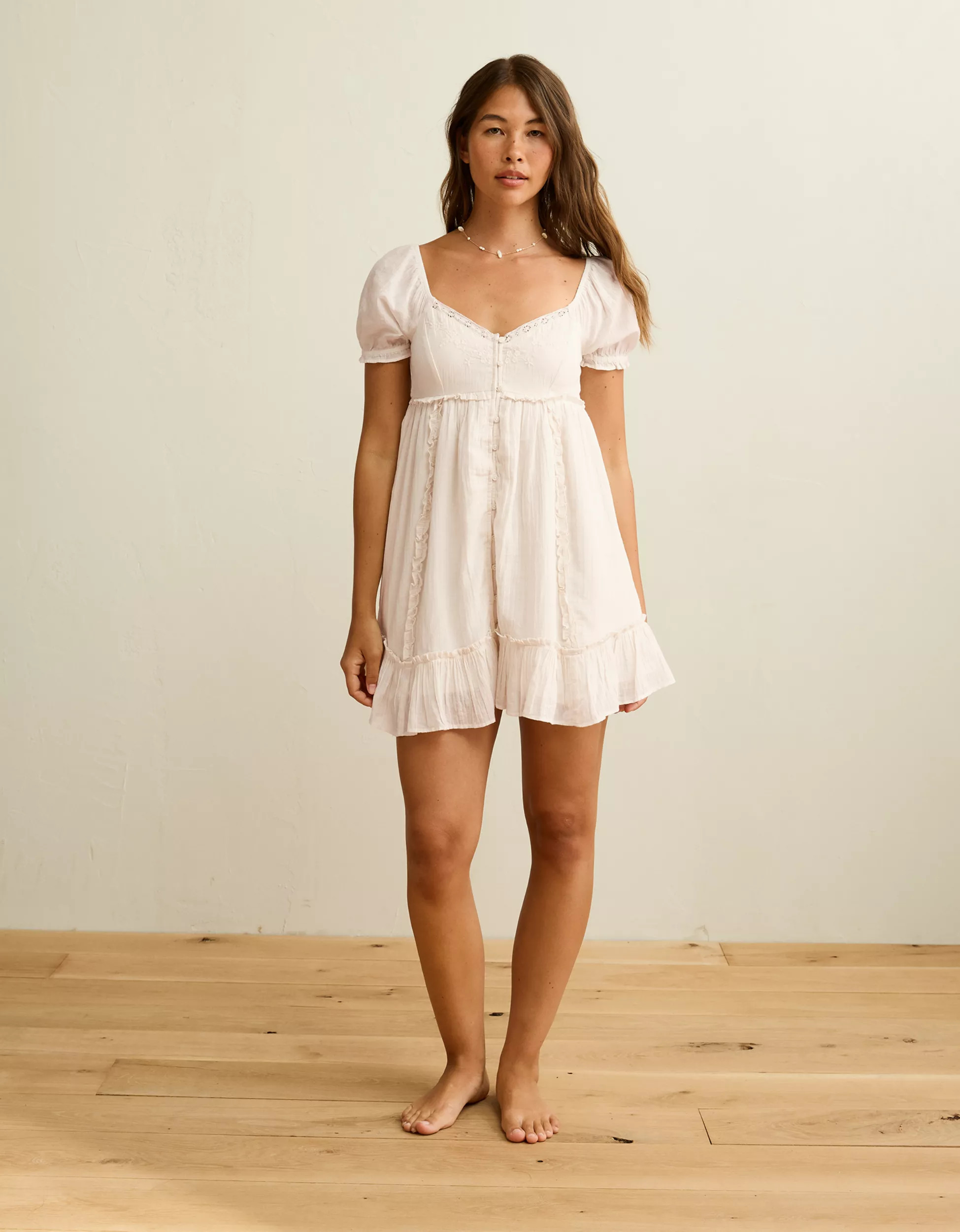 AE Babydoll Puff-Sleeve Embroidered Mini Dress | American Eagle Outfitters (US & CA)