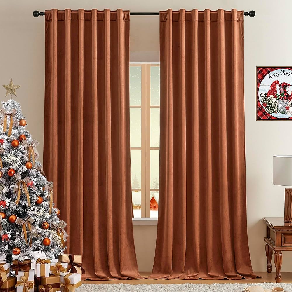Timeper Burnt Orange Velvet Curtains 90 inches Long, Back Tab Design Blackout Curtains Thermal In... | Amazon (US)