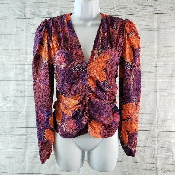 Zara Womens Draped Printed Top Sz Small Purple Orange Floral Long Sleeve | Poshmark