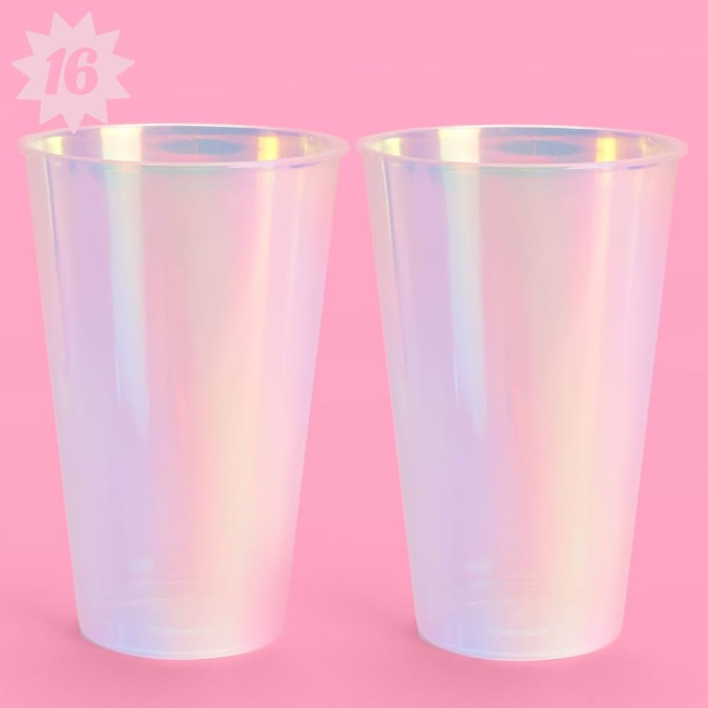 Amazon.com: xo, Fetti Party Decorations Iridescent Plastic Cups - 16 Disposable 16 oz Cups | Bach... | Amazon (US)