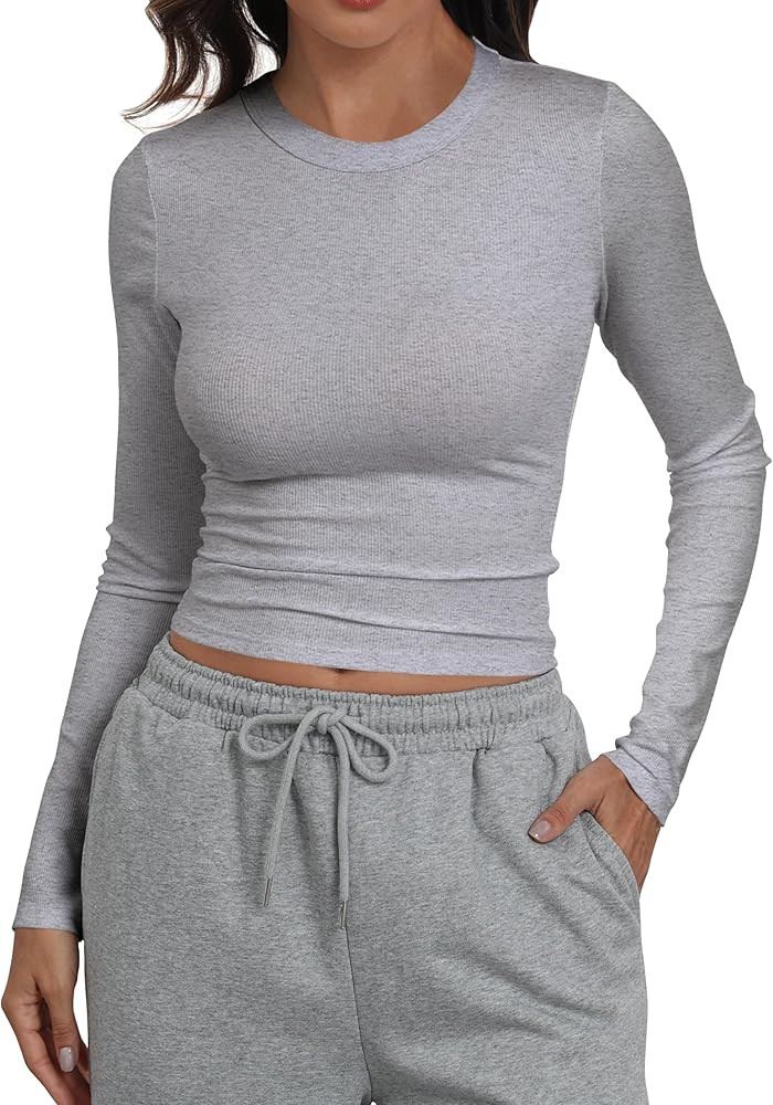 Artfish Women Crew Neck Ribbed Knit Long Sleeve T-Shirt Form Fitting Casual Basic Tops | Amazon (US)