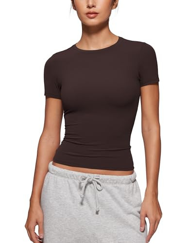 CRZ YOGA Softembrace Short Sleeve Going Out Tops for Women Soft High Crew Neck Casual Tight Shirts Fitted Basic T-Shirts Hot Fudge Brown X-Small | Amazon (US)