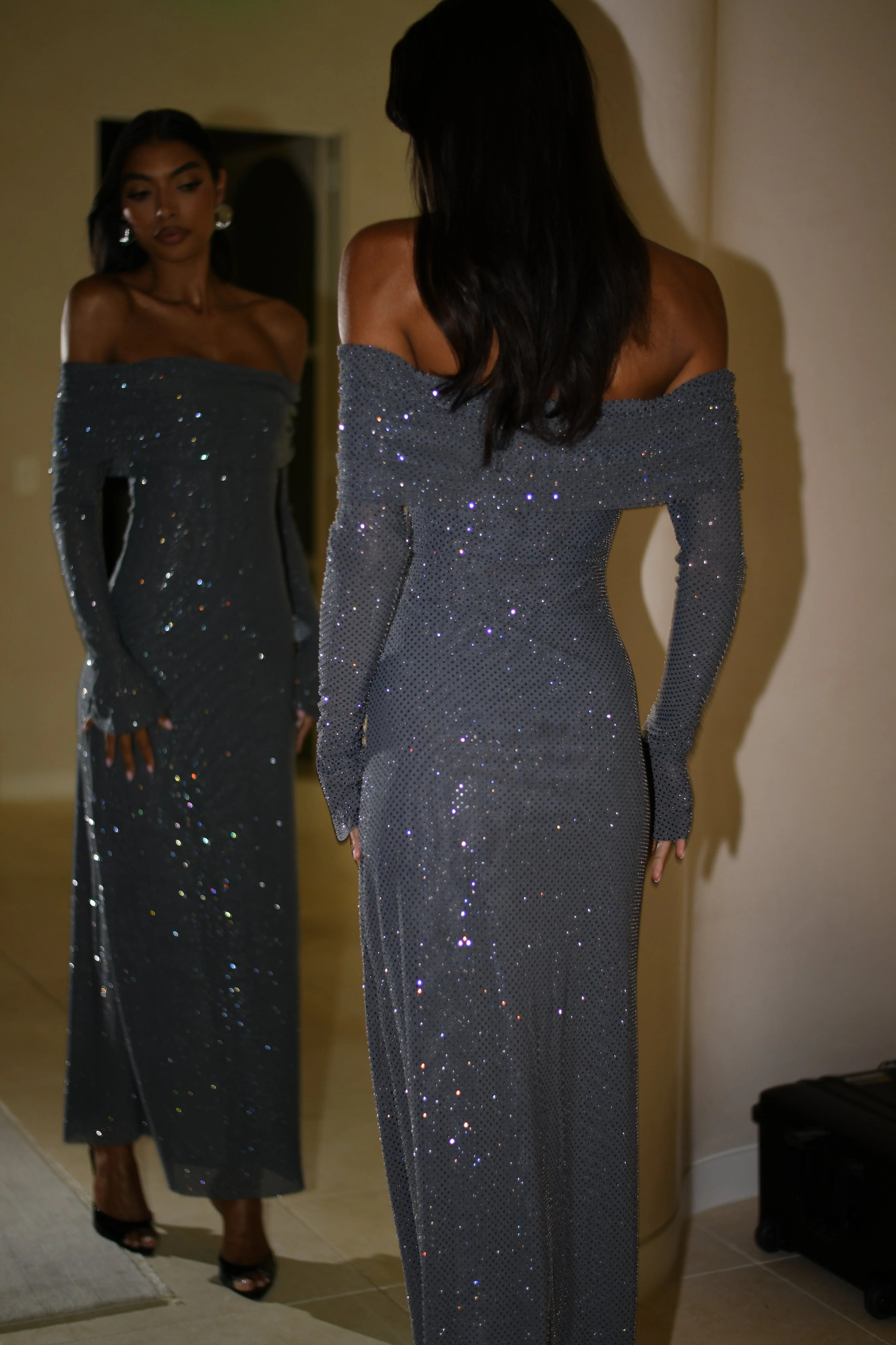 Marcel Off Shoulder Diamante Maxi Dress - Gunmetal | MESHKI US