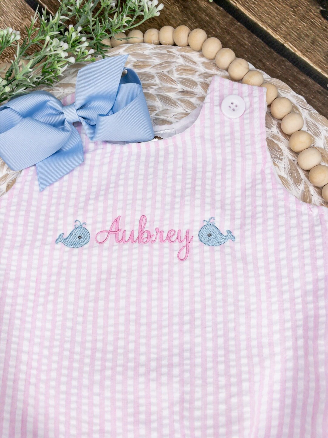 Personalized Pink Seersucker Baby Bubble, Custom Summer Sunsuit, Baby Summer Bubble Whale Embroid... | Etsy (US)