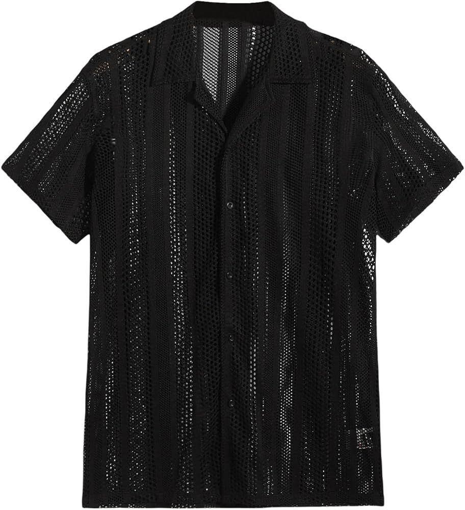 Floerns Men's Casual Button Down Pointelle Knit Short Sleeve Shirt Blouse Top | Amazon (US)