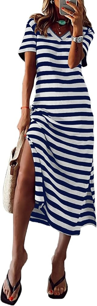 MARZXIN Women 2025 Casual Maxi Dress Short Sleeve V Neck Stripe Sundress Split Loose Long Summer ... | Amazon (US)