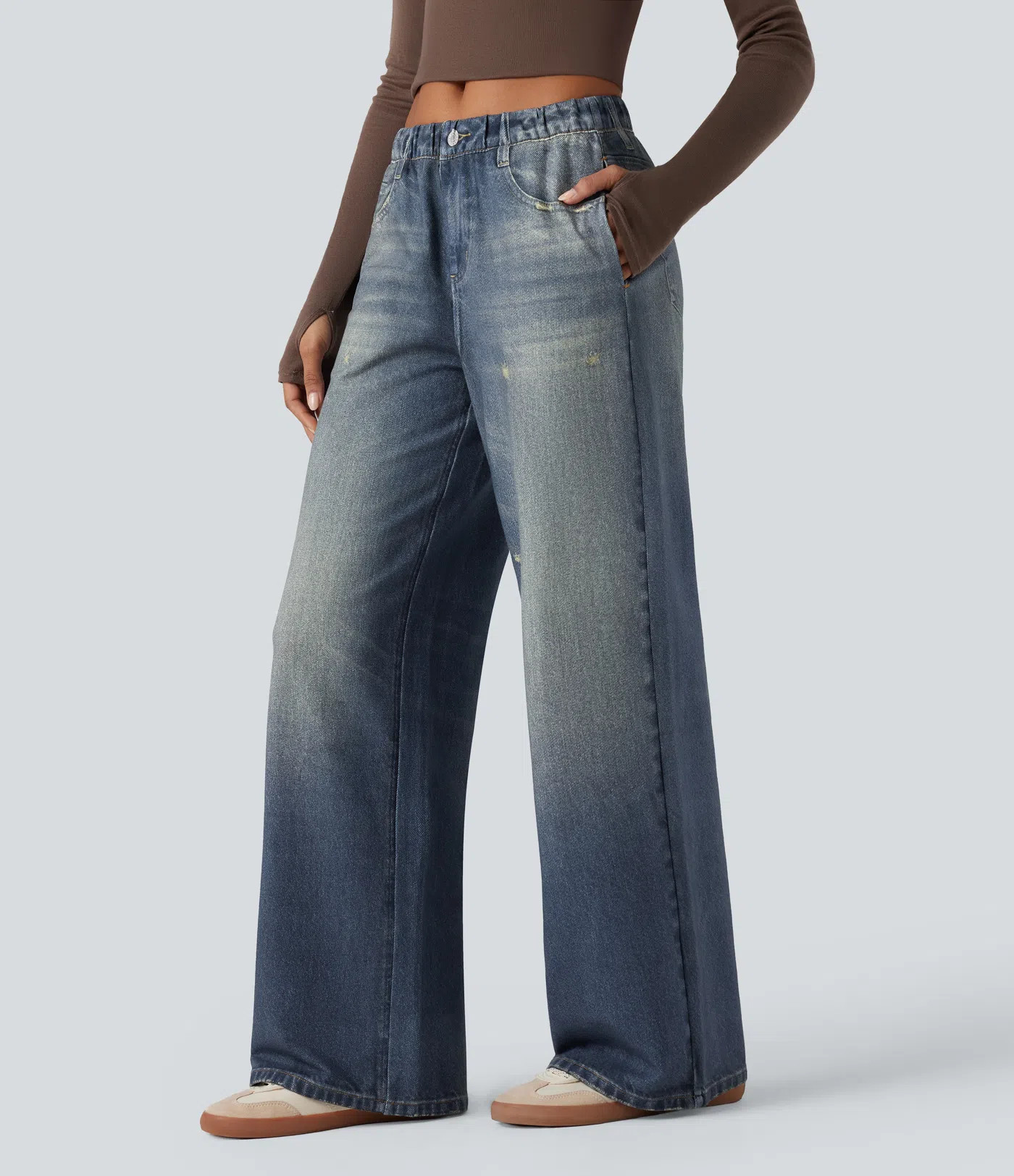 Women’s Mid Rise Denim Print French Terry Casual Sweatpants Jeans with Pockets - Halara | HALARA