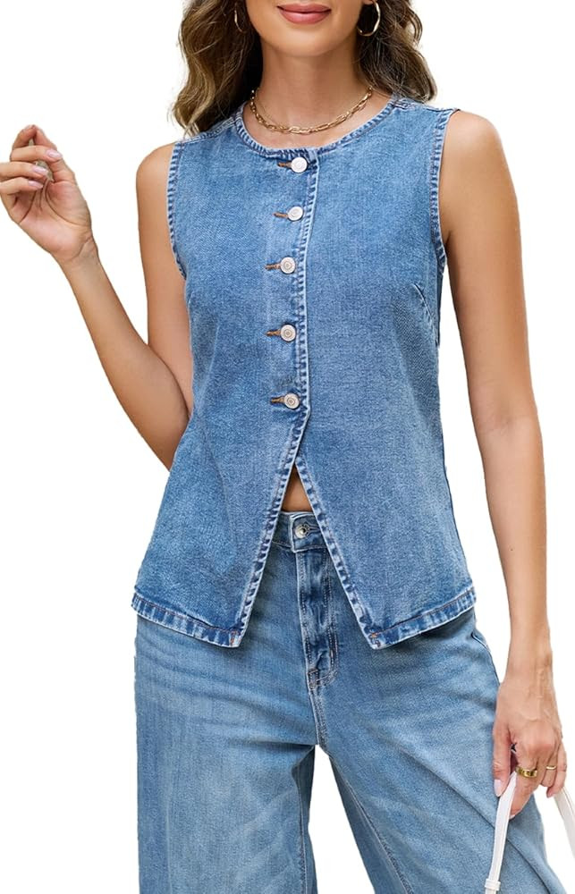 Women Denim Vest Button Down Denim Long Vest Top Sleeveless Jean Waistcoat | Amazon (US)