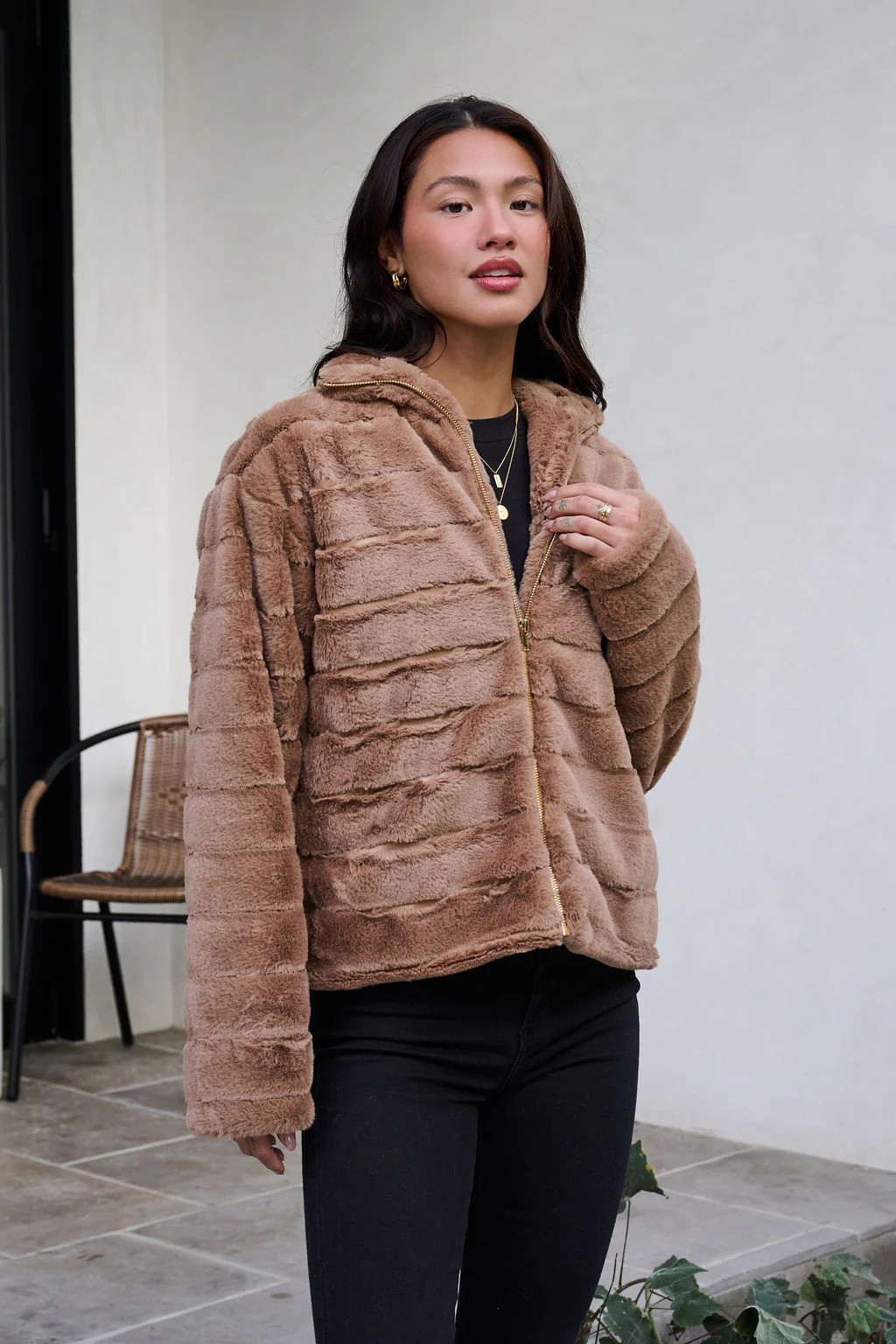 Brown Faux Fur Zip Collared Jacket | Magnolia Boutique
