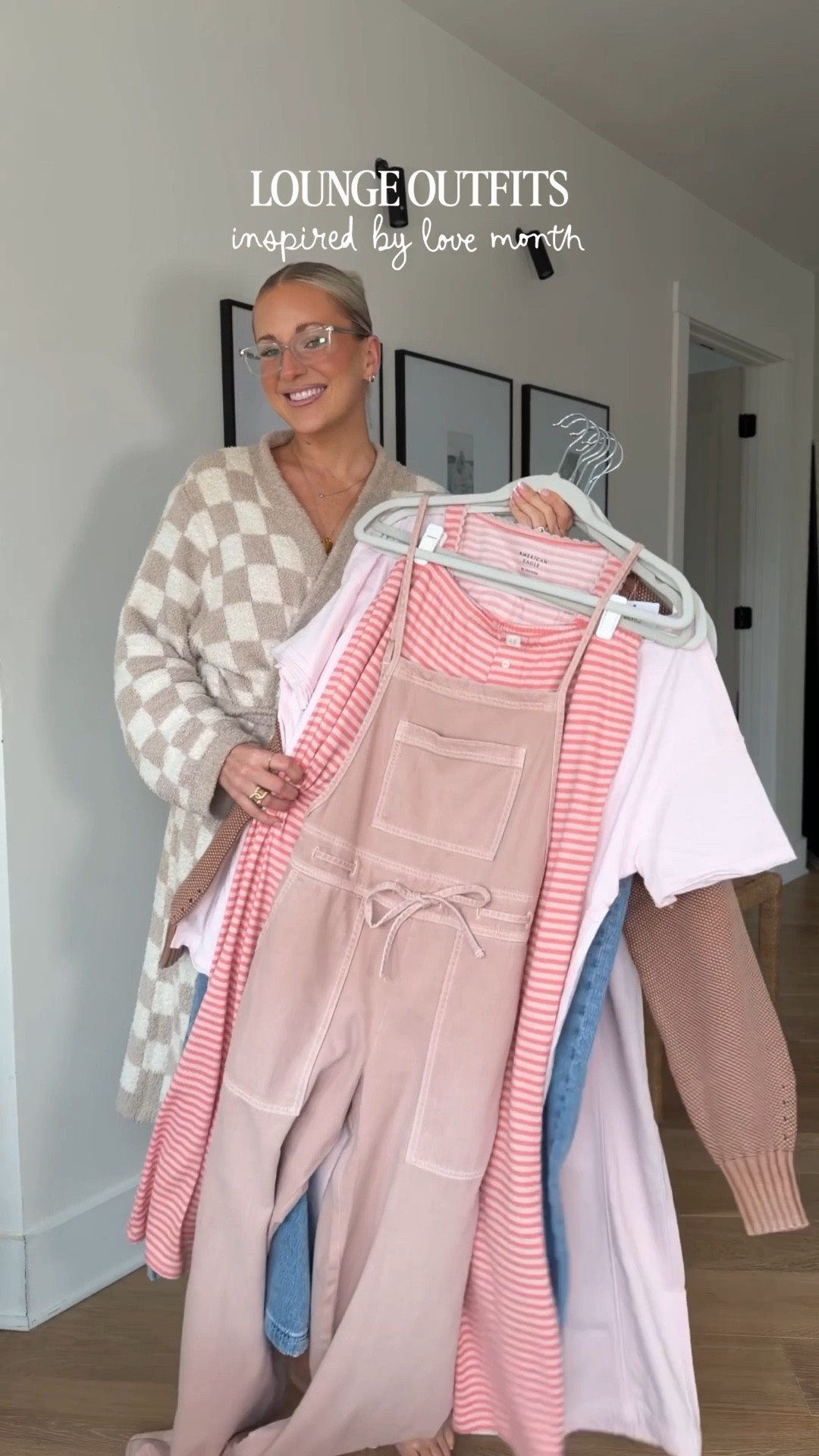 lounge outfits inspired by love month 💕🎀💌💐 wearing smalls in everything except the overalls (wearing XS but wish I got S!) 

use KATIESNYDER15 for 15% off your first @paireyewear frame! I'm wearing the Larkin frame in Clear if you want to twin! 👯‍♀️ 

#LTKSeasonal #LTKValentine #LTKgrwm