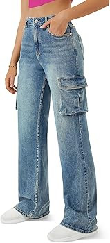 Women High Waisted Cargo Jean for Women with 6 Pockets Straight Wide Leg Jean Casual Baggy Pants | Amazon (US)