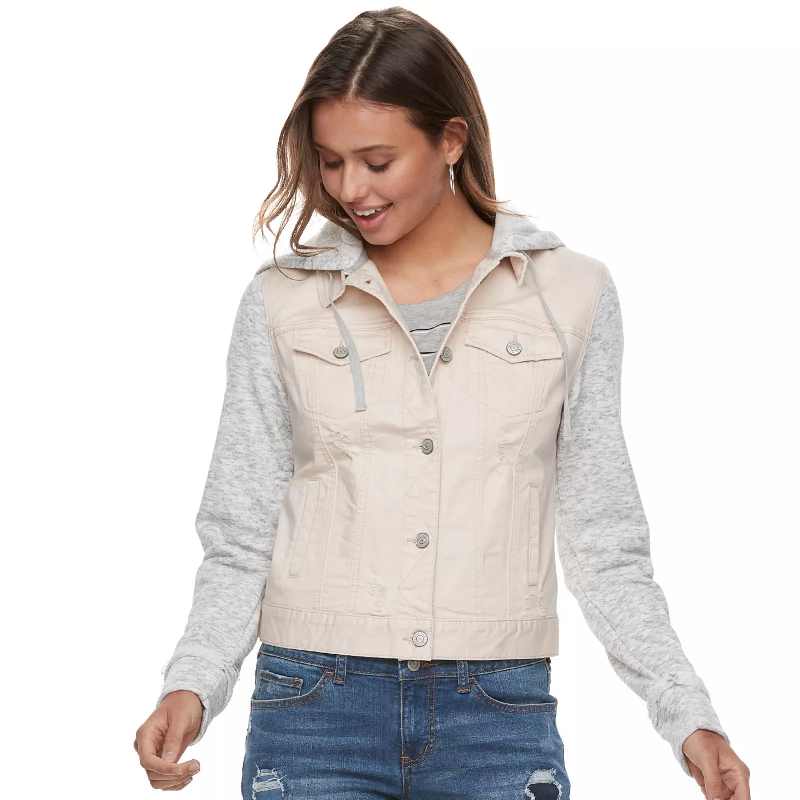 Juniors' Mudd® Knit-Sleeve Denim Jacket, Teens, Size: Small, Light Pink | Kohl's