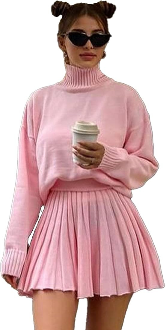 Mandonce Two Piece Skirt Set for Women Long Sleeve Turtleneck Sweater and Pleated Skirt Athleisur... | Amazon (US)