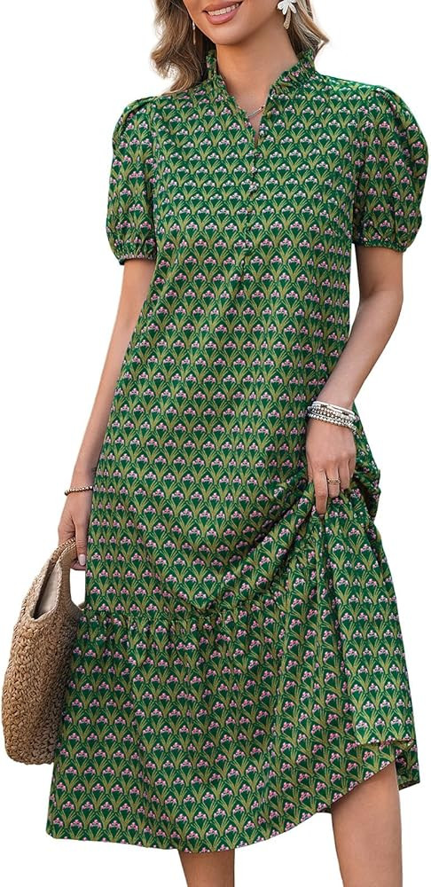 Wenrine Womens Summer Floral Maxi Dress Casual V Neck Puff Short Sleeve Button Flowy Beach Boho L... | Amazon (US)