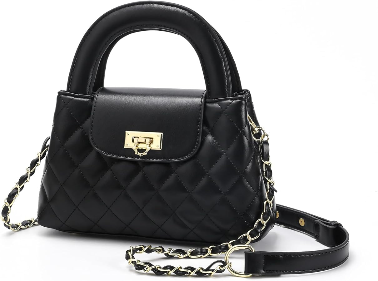Small Quilted Crossbody Purse for Women, Faux Leather Top Handle Bag with Chain Strap, Elegant Mi... | Amazon (US)
