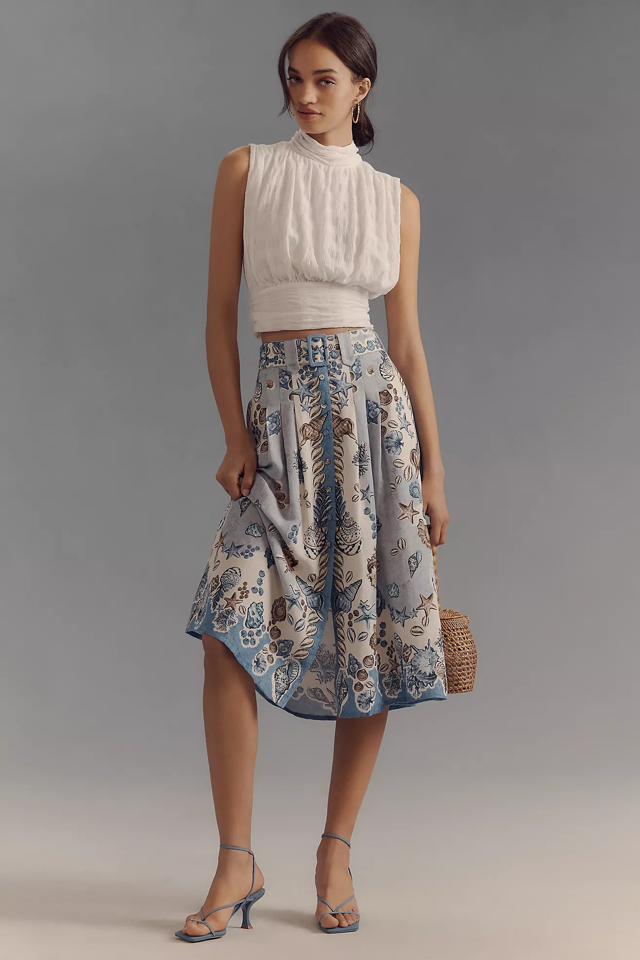 Ranna Gill Linen Blend Belted Seashell Midi Skirt | Anthropologie (US)
