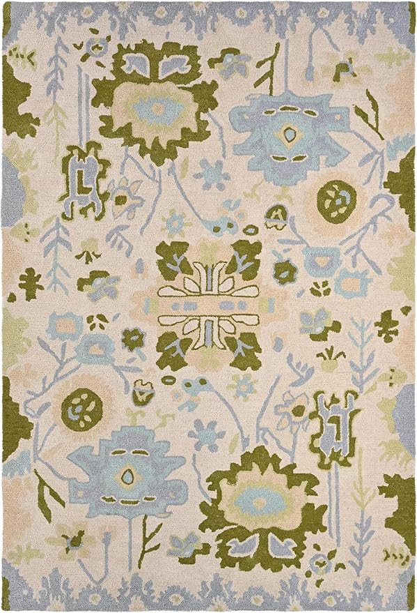 Handmade Oushak Wool Area Rug | Floral and Botanical Patterns in Soft Blue and Green | Luxurious ... | Amazon (US)