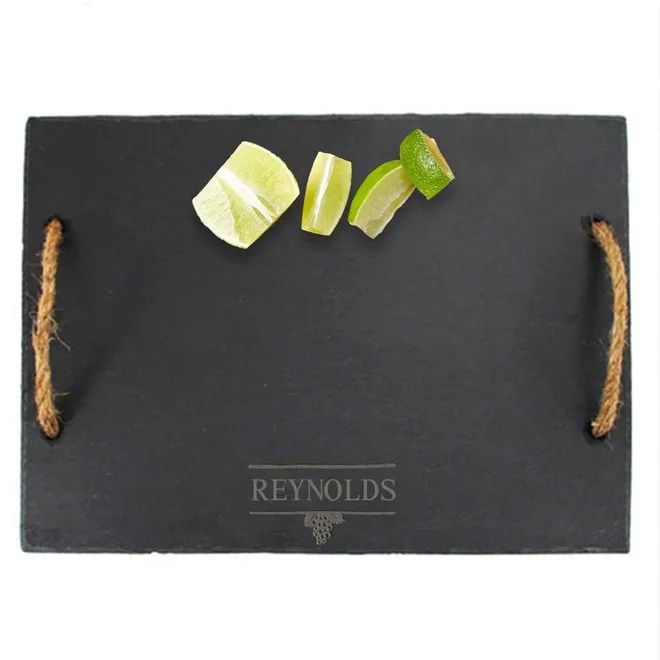 Personalized Svelte Slate Cheese Board with Rope Handles | HomeWetBar.com