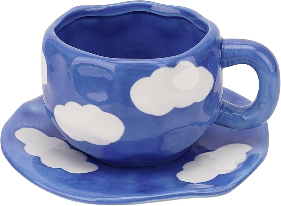 Ceramic Coffee Cup and Saucer Set, 10 oz Handmade Pottery with White Cloud Pattern, Small Giftabl... | Amazon (US)