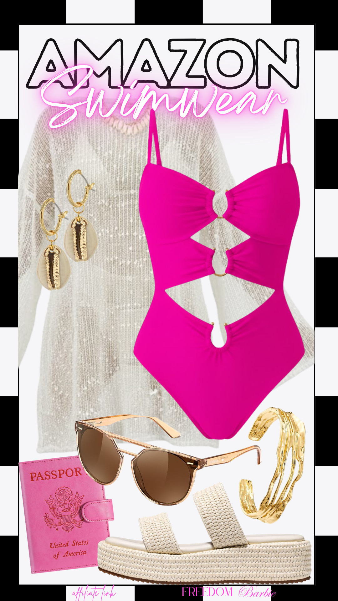 Turn heads at the pool or the beach in this stunning hot pink cutout monokini! This look is all about high-contrast textures and effortless vacation vibes. I’ve paired this vibrant swimsuit with a shimmering crochet cover-up and gold hardware accents to take your resort style to the next level.🐚✈️

#BeachReady #AmazonFinds #SummerVibes #FreedomBarbie 

 #LTKSeasonal #LTKSwim #LTKTravel