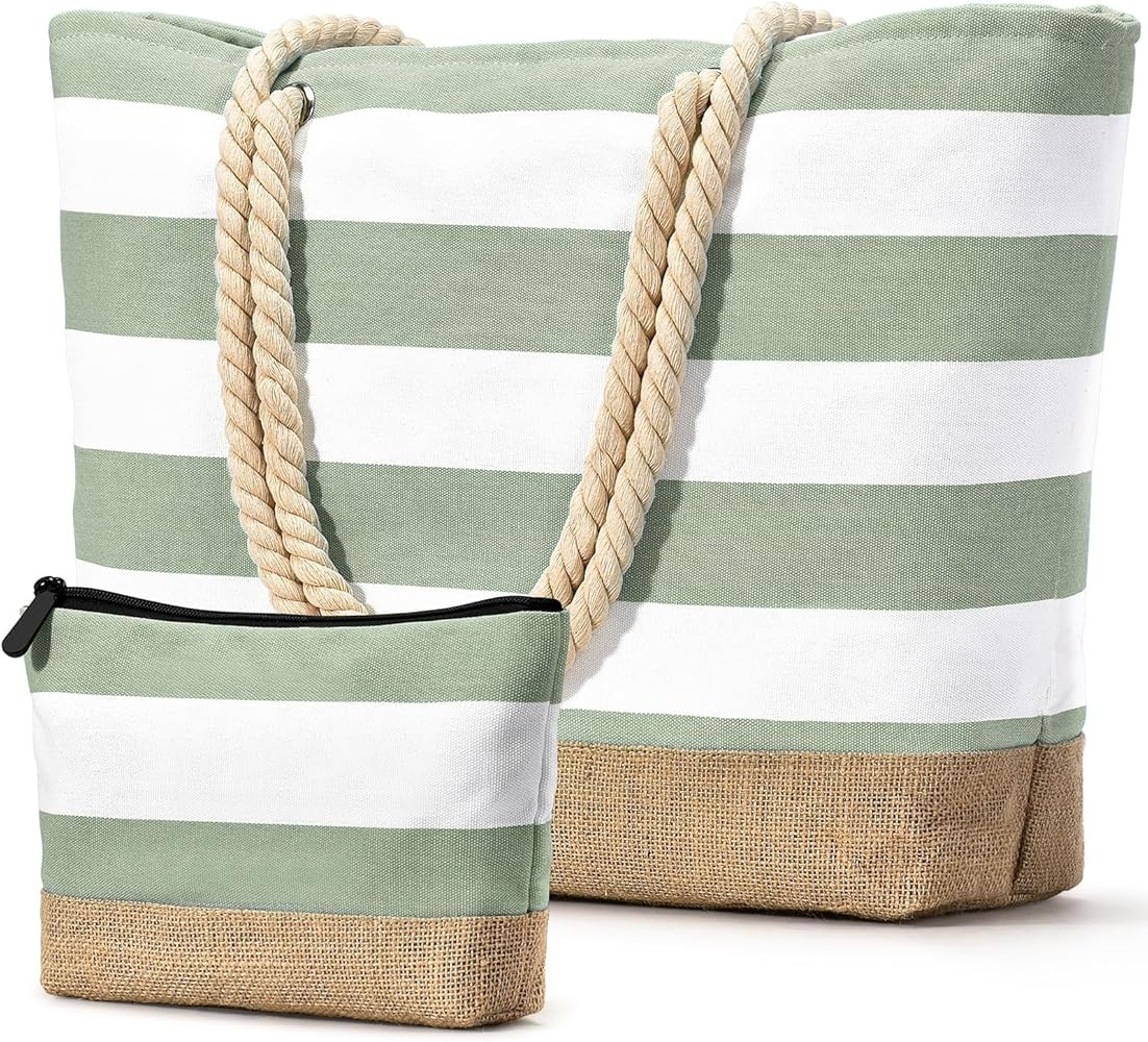 Becokan Beach Bag Initial Beach Tote with Makeup Bag for Travel Work Storage Personalized Birthda... | Amazon (US)