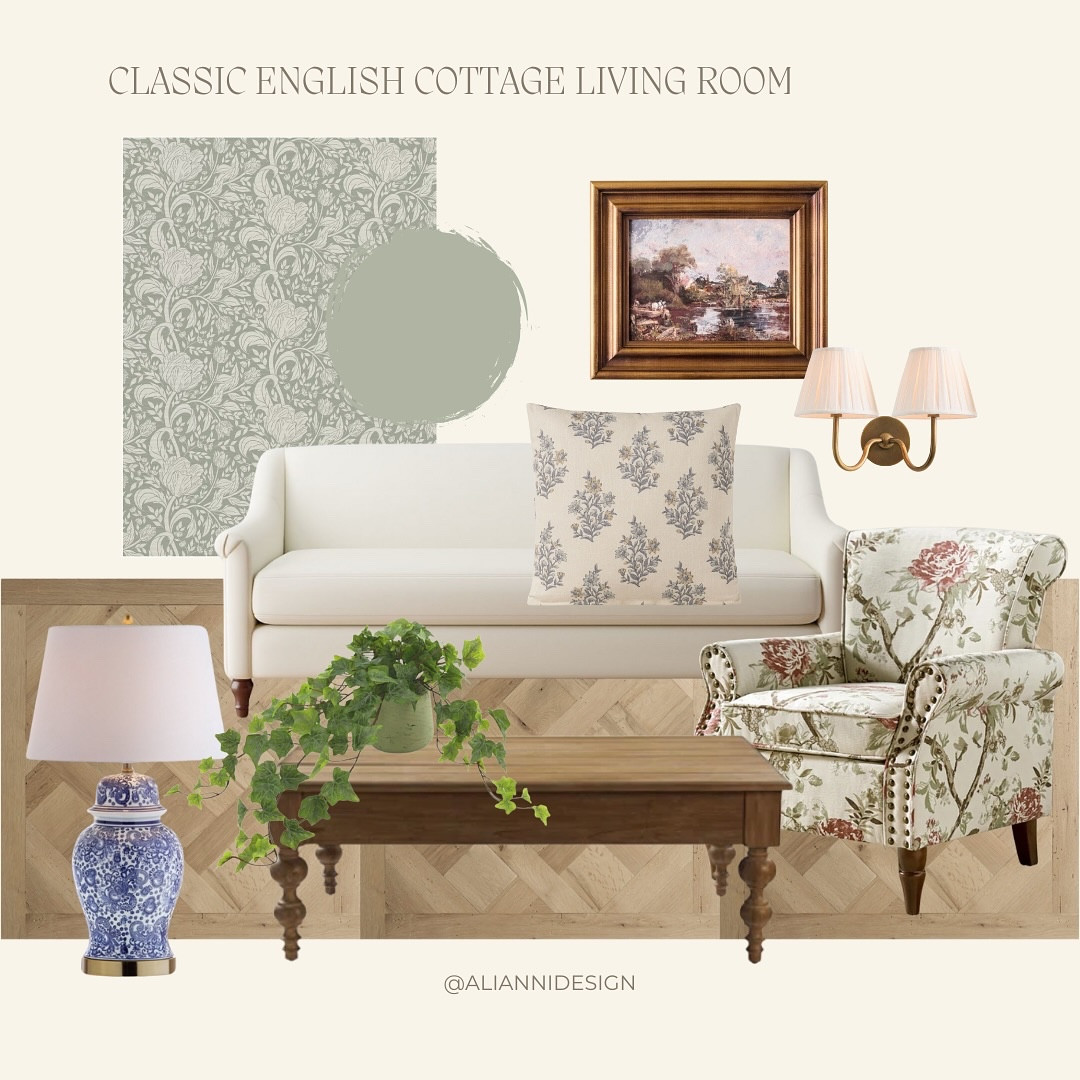 Classic English cottage charm, but make it you! ✨ Mixing florals, toile, and soft sage hues with warm woods, chinoiserie lighting, and vintage artwork—because character is in the details. 

Featuring “Dulcia” in Sage Stone - a dreamy floral wallpaper design I created with @artzaco_ inspired by the natural color palette of a timeless English cottage. 

Whether you shop my LTK or hunt for treasures in antique shops, layering old and new is what makes a space truly special. 

Which piece is calling your name? Save this inspo for your next home project! 

_____
Paint: @sherwinwilliams “Cascade Green” 

#aliannidesign #classicenglishcottage #englishcottageinteriors #cottageinspiration #cottagewallpaper #diyhomeproject #ltkhome  #shopltk

#LTKHome